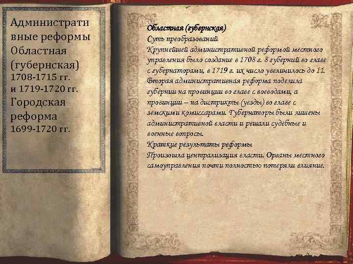 Администрати вные реформы Областная (губернская) 1708 -1715 гг. и 1719 -1720 гг. Городская реформа