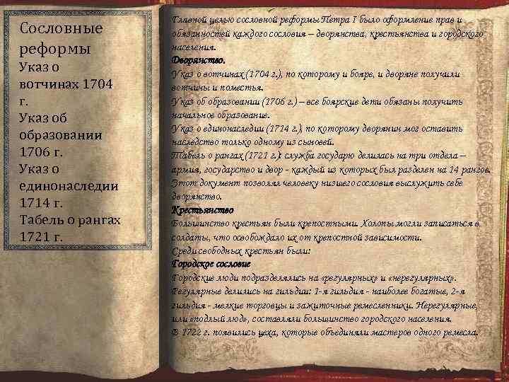 Сословные реформы Указ о вотчинах 1704 г. Указ об образовании 1706 г. Указ о