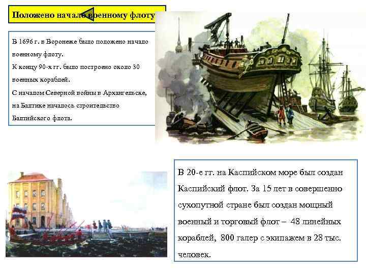 Положено начало военному флоту В 1696 г. в Воронеже было положено начало военному флоту.