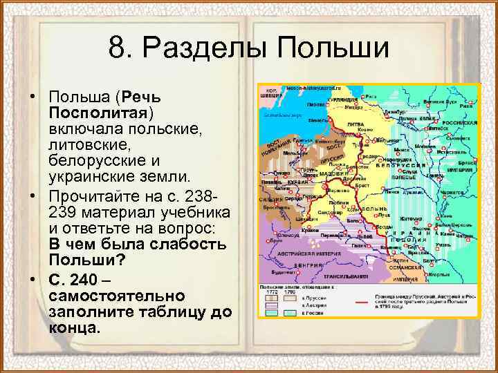 8. Разделы Польши • Польша (Речь Посполитая) включала польские, литовские, белорусские и украинские земли.