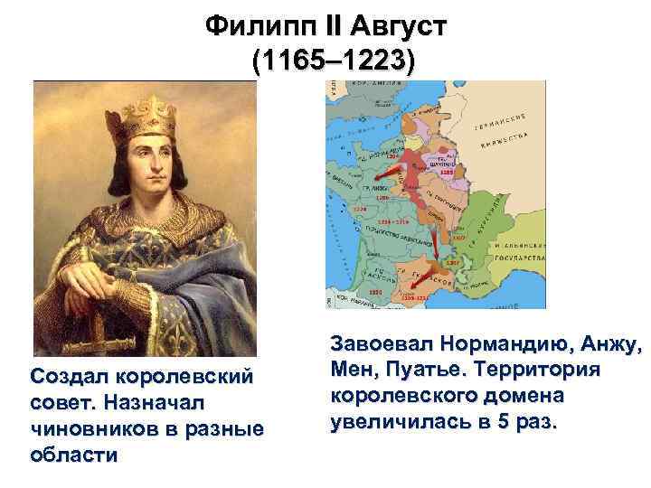 Филипп II Август (1165– 1223) Создал королевский совет. Назначал чиновников в разные области Завоевал