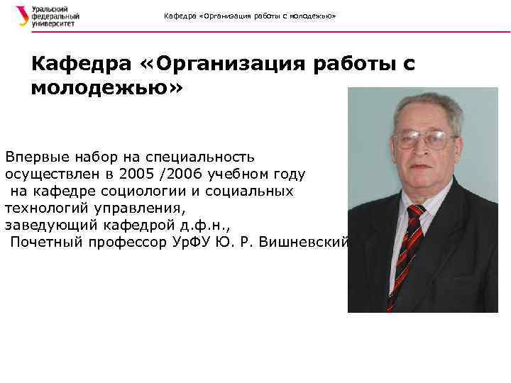 Кафедра «Организация работы с молодежью» Впервые набор на специальность осуществлен в 2005 /2006 учебном