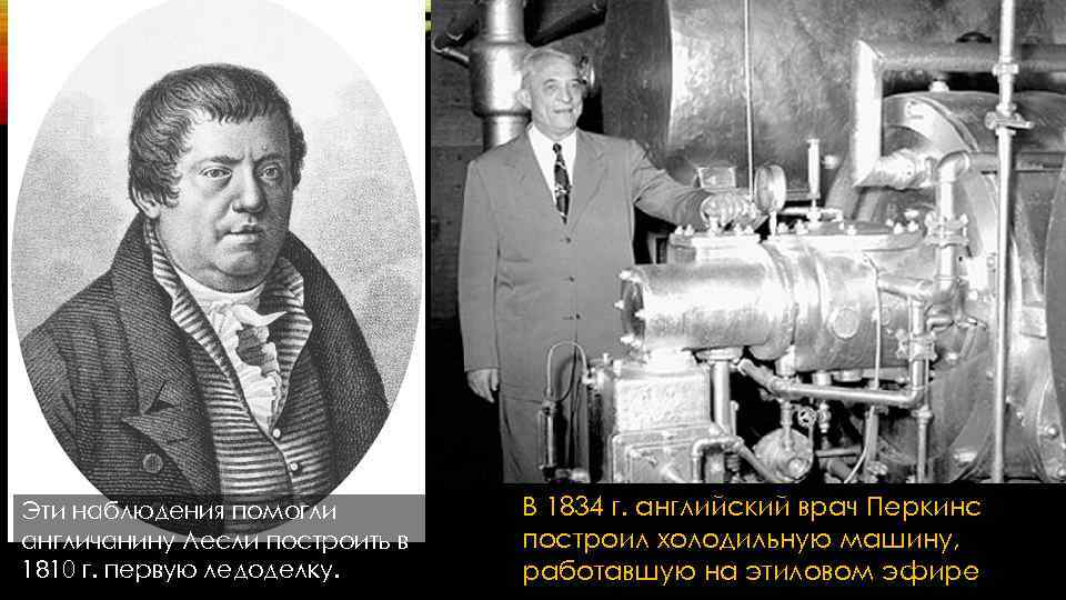 Эти наблюдения помогли англичанину Лесли построить в 1810 г. первую ледоделку. В 1834 г.