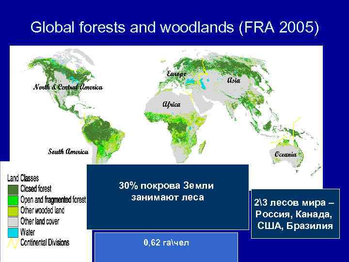 Global forests and woodlands (FRA 2005) 30% покрова Земли занимают леса 0, 62 гачел