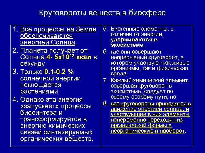 Круговороты веществ в биосфере 1. Все процессы на Земле обеспечиваются энергией Солнца. 2. Планета