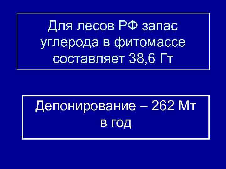 Для лесов РФ запас углерода в фитомассе составляет 38, 6 Гт Депонирование – 262