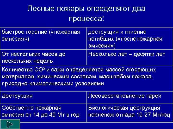Лесные пожары определяют два процесса: быстрое горение ( «пожарная эмиссия» ) деструкция и гниение