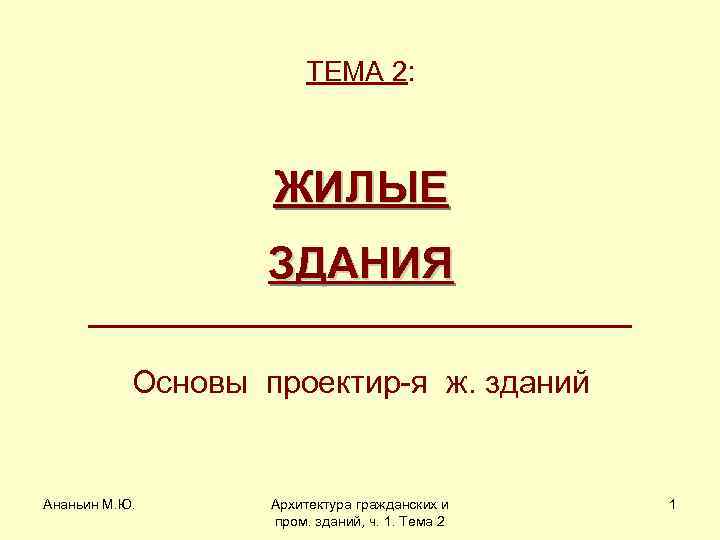 ТЕМА 2: ЖИЛЫЕ ЗДАНИЯ Основы проектир-я ж. зданий Ананьин М. Ю. Архитектура гражданских и