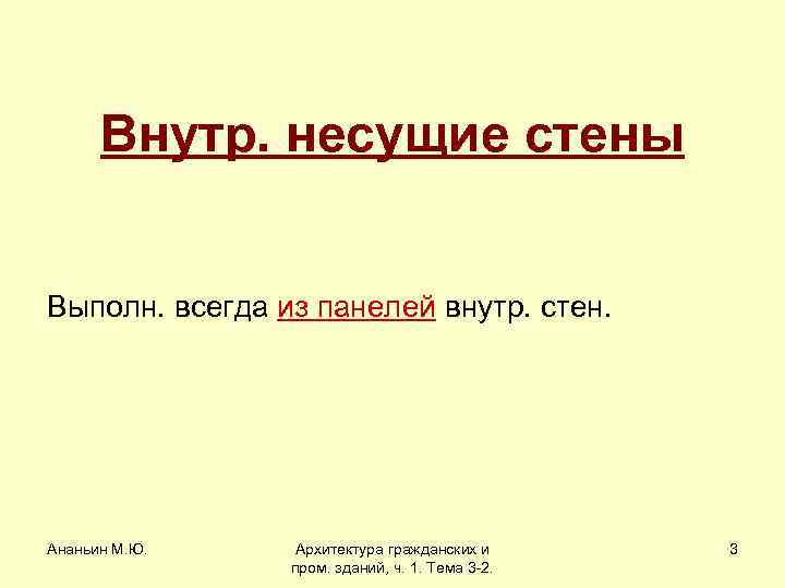 Внутр. несущие стены Выполн. всегда из панелей внутр. стен. Ананьин М. Ю. Архитектура гражданских