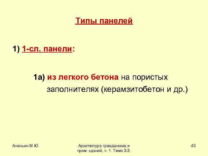 Типы панелей 1) 1 -сл. панели: 1 а) из легкого бетона на пористых заполнителях