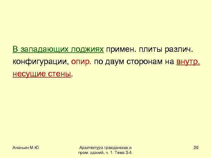 В западающих лоджиях примен. плиты различ. конфигурации, опир. по двум сторонам на внутр. несущие