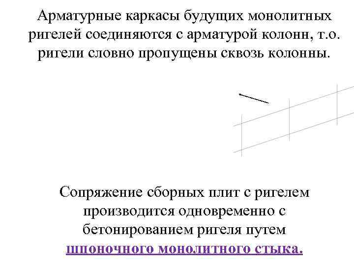 Арматурные каркасы будущих монолитных ригелей соединяются с арматурой колонн, т. о. ригели словно пропущены