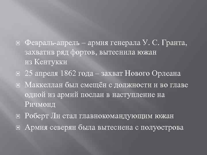  Февраль-апрель – армия генерала У. С. Гранта, захватив ряд фортов, вытеснила южан из