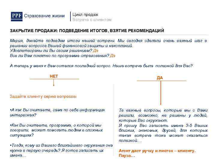 Цикл продаж Встреча с клиентом ЗАКРЫТИЕ ПРОДАЖИ: ПОДВЕДЕНИЕ ИТОГОВ, ВЗЯТИЕ РЕКОМЕНДАЦИЙ Мария, давайте подведем