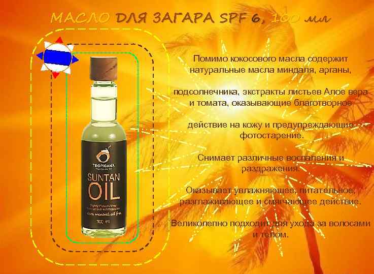 МАСЛО ДЛЯ ЗАГАРА SPF 6, 100 мл Помимо кокосового масла содержит натуральные масла миндаля,
