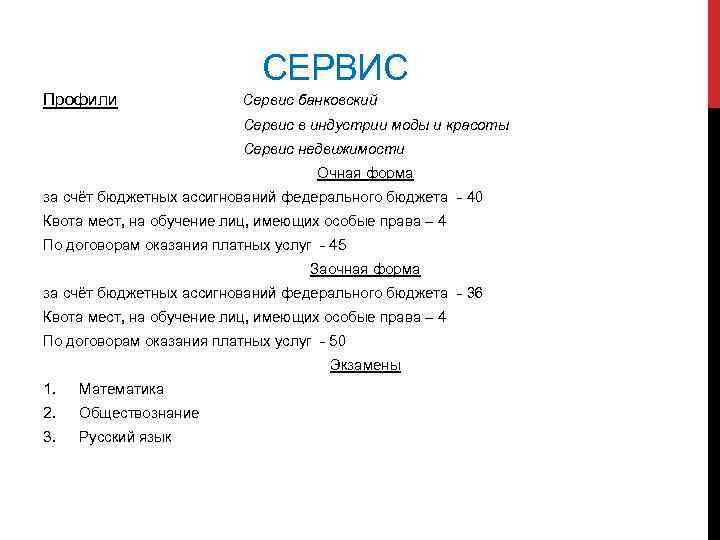 СЕРВИС Профили Сервис банковский Сервис в индустрии моды и красоты Сервис недвижимости Очная форма