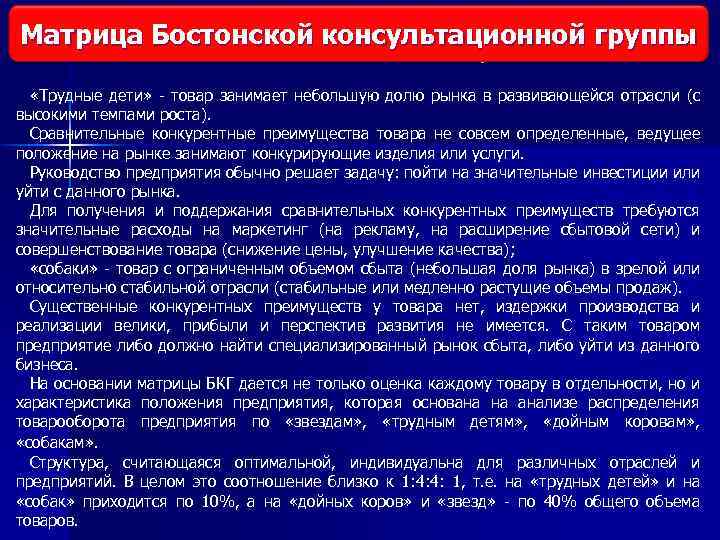 Матрица Бостонской консультационной группы Виды исследования рынка «Трудные дети» товар занимает небольшую долю рынка