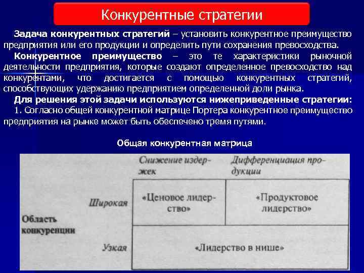 Конкурентные стратегии Задача конкурентных стратегий – установить конкурентное преимущество предприятия или его продукции и