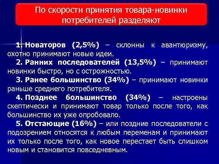 По скорости принятия товара новинки Виды исследования рынка потребителей разделяют 1. Новаторов (2, 5%)