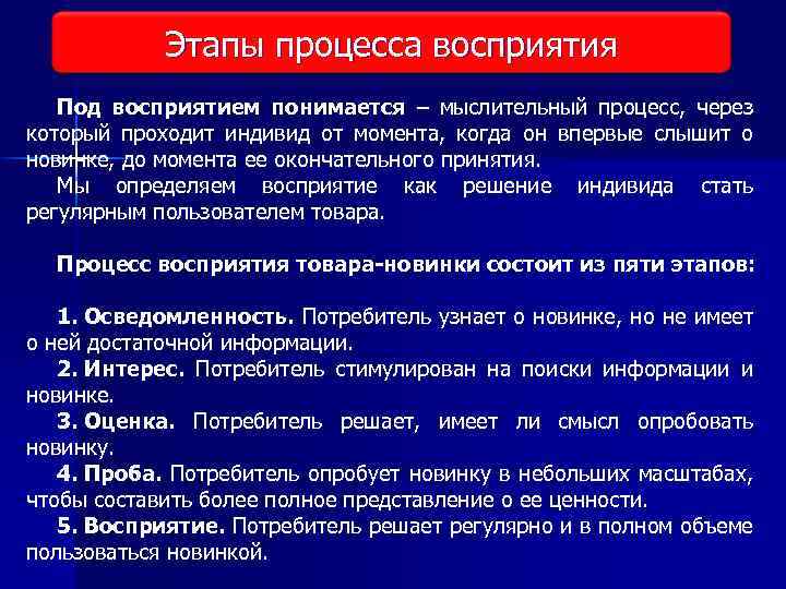 Этапы процесса восприятия Виды исследования рынка Под восприятием понимается – мыслительный процесс, через который