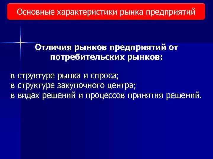 Основные характеристики рынка предприятий Виды исследования рынка Отличия рынков предприятий от потребительских рынков: в
