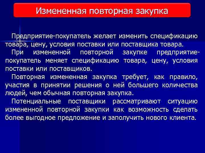 Измененная повторная закупка Предприятие покупатель желает изменить спецификацию товара, цену, условия поставки или поставщика