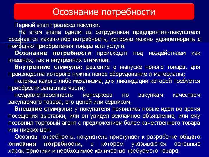 Осознание потребности Виды исследования рынка Первый этап процесса покупки. На этом этапе одним из