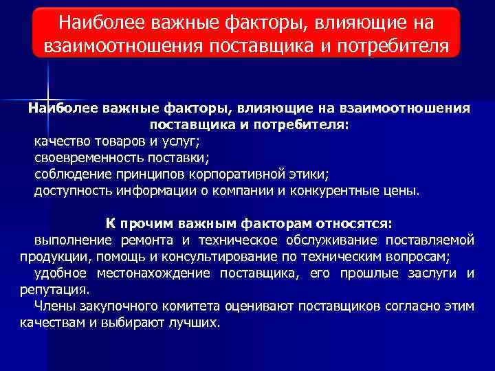 Наиболее важные факторы, влияющие на Виды исследования рынка взаимоотношения поставщика и потребителя Наиболее важные