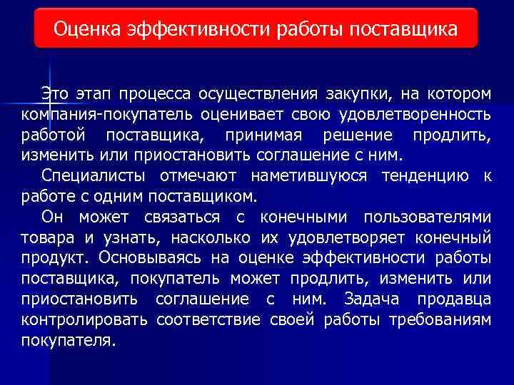 Оценка эффективности работы поставщика Виды исследования рынка Это этап процесса осуществления закупки, на котором