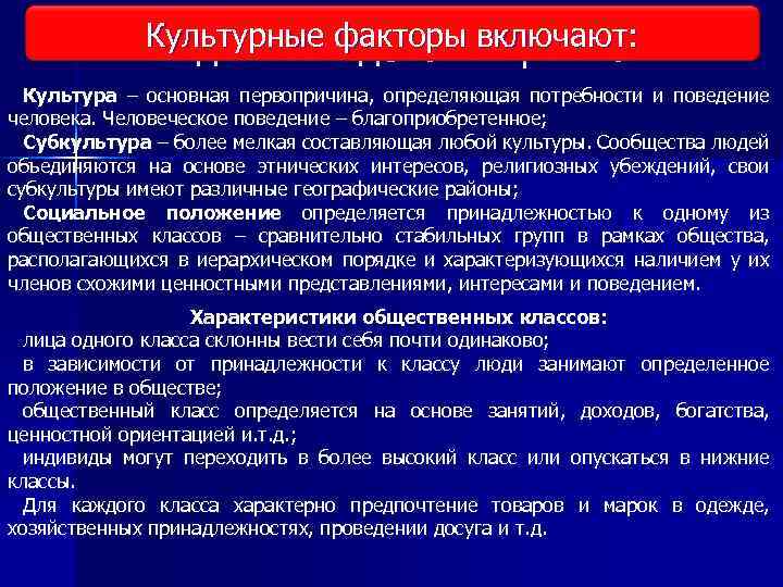 Культурные факторы включают: Виды исследования рынка Культура – основная первопричина, определяющая потребности и поведение