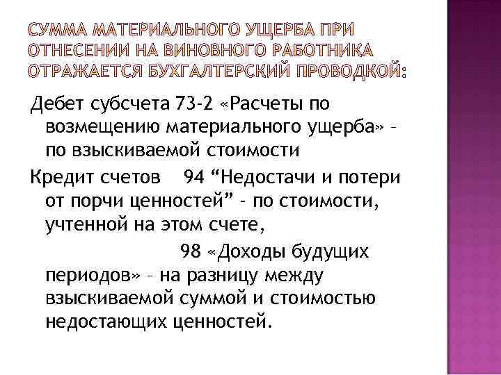 Дебет субсчета 73 -2 «Расчеты по возмещению материального ущерба» – по взыскиваемой стоимости Кредит