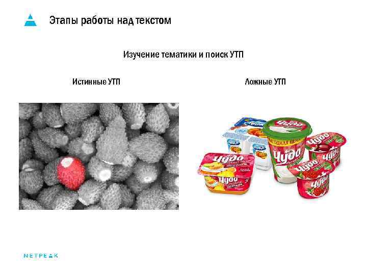 Этапы работы над текстом Изучение тематики и поиск УТП Истинные УТП Ложные УТП 