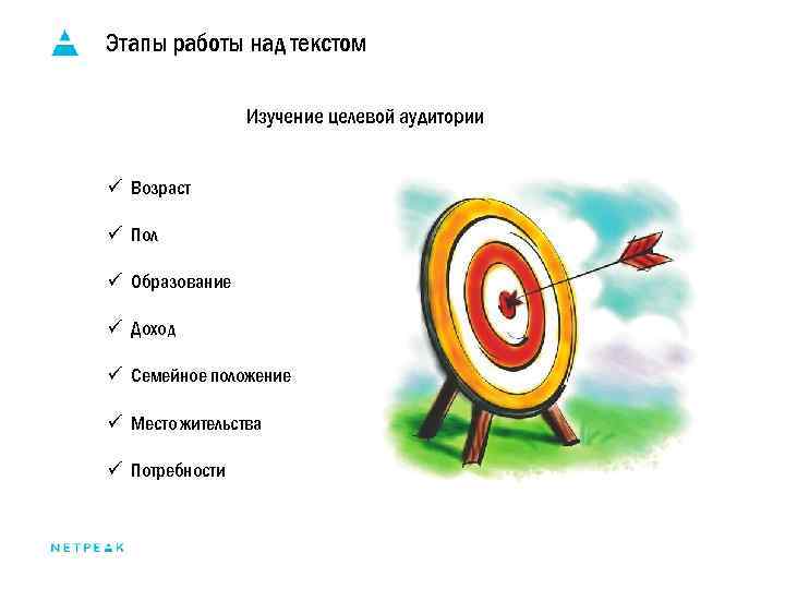 Этапы работы над текстом Изучение целевой аудитории ü Возраст ü Пол ü Образование ü