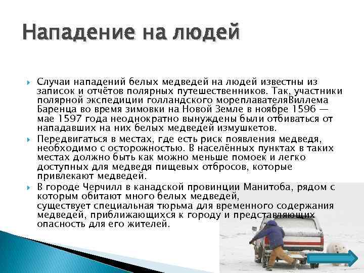 Нападение на людей Случаи нападений белых медведей на людей известны из записок и отчётов