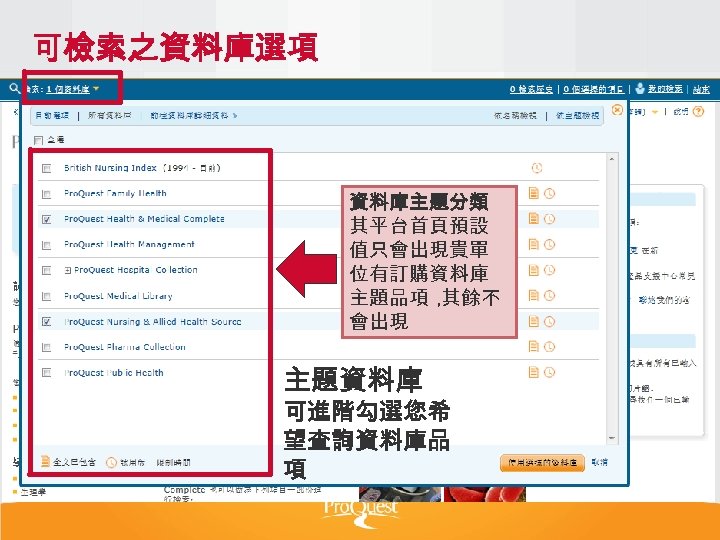 可檢索之資料庫選項 資料庫主題分類 其平台首頁預設 值只會出現貴單 位有訂購資料庫 主題品項 , 其餘不 會出現 主題資料庫 可進階勾選您希 望查詢資料庫品 項 