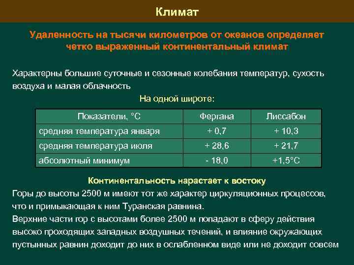 Климат Удаленность на тысячи километров от океанов определяет четко выраженный континентальный климат Характерны большие