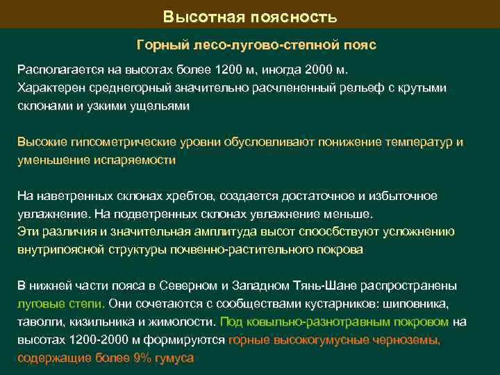 Высотная поясность Горный лесо-лугово-степной пояс Располагается на высотах более 1200 м, иногда 2000 м.