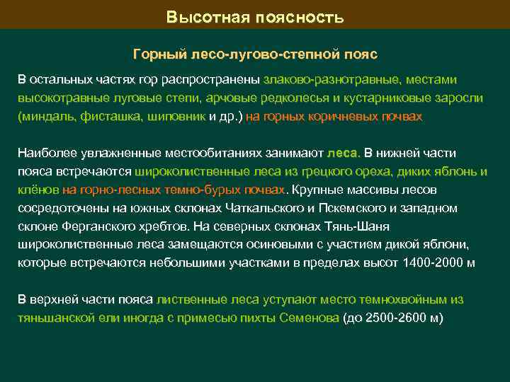 Высотная поясность Горный лесо-лугово-степной пояс В остальных частях гор распространены злаково-разнотравные, местами высокотравные луговые