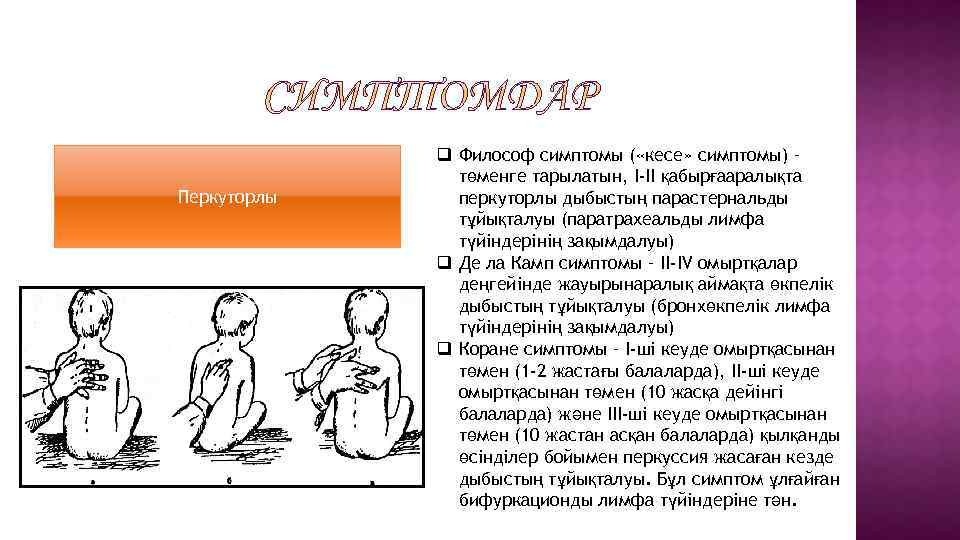 Перкуторлы q Философ симптомы ( «кесе» симптомы) – төменге тарылатын, І-ІІ қабырғааралықта перкуторлы дыбыстың