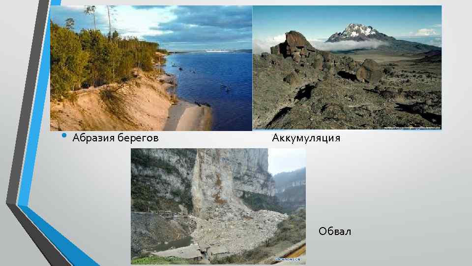  • Абразия берегов Аккумуляция Обвал 