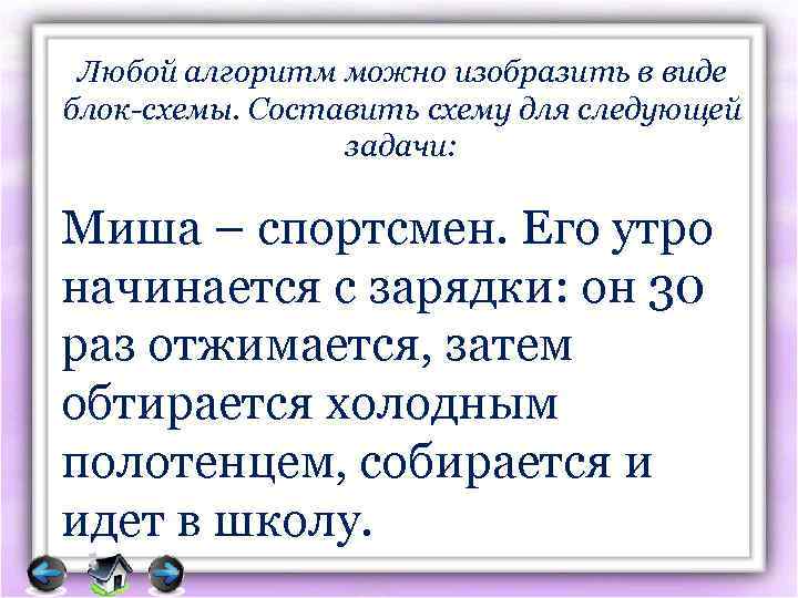 Любой алгоритм можно изобразить в виде блок-схемы. Составить схему для следующей задачи: Миша –