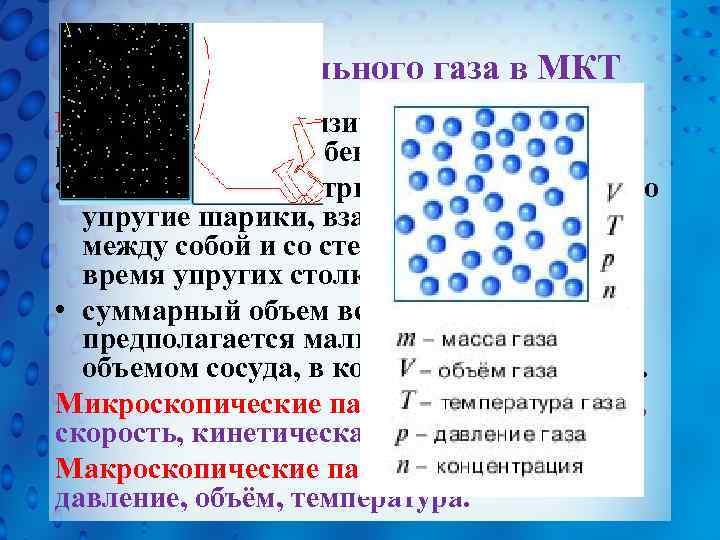 Модель идеального газа в МКТ Идеальный газ – физическая модель реального газа. Особенности: •