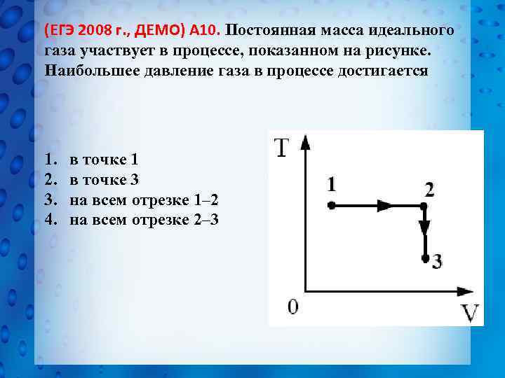 (ЕГЭ 2008 г. , ДЕМО) А 10. Постоянная масса идеального газа участвует в процессе,