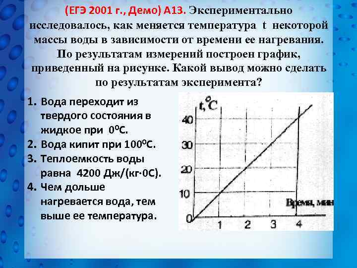 (ЕГЭ 2001 г. , Демо) А 13. Экспериментально исследовалось, как меняется температура t некоторой