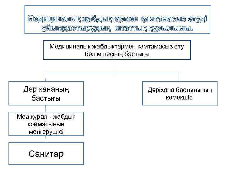 Медициналық жабдықтармен қамтамасыз етуді ұйымдастырудың штаттық құрылымы. Медициналық жабдықтармен қамтамасыз ету бөлімшесінің бастығы Дәріхананың