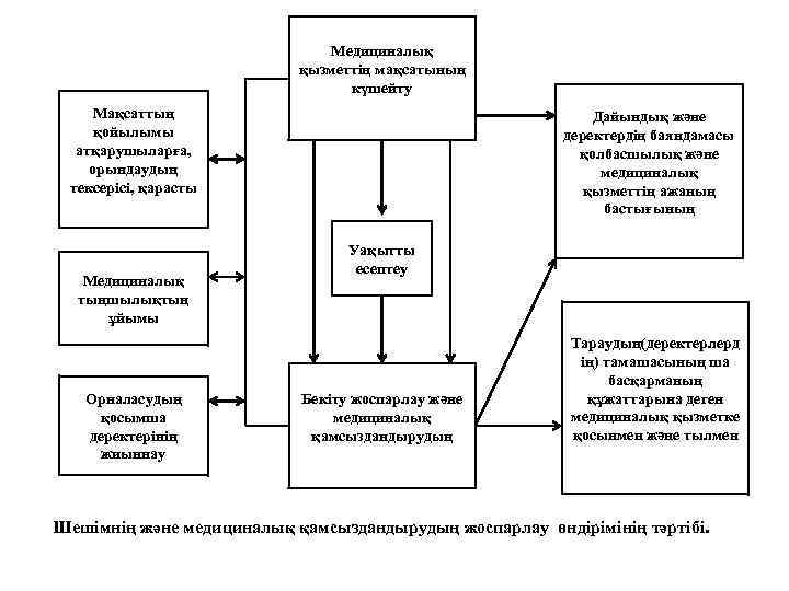 Медициналық қызметтің мақсатының күшейту Мақсаттың қойылымы атқарушыларға, орындаудың тексерісі, қарасты Медициналық тыңшылықтың ұйымы Орналасудың