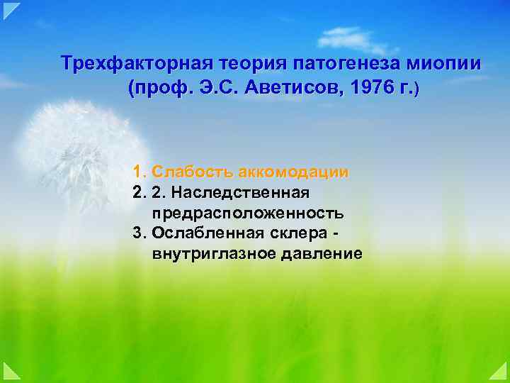 Трехфакторная теория патогенеза миопии (проф. Э. С. Аветисов, 1976 г. ) 1. Слабость аккомодации