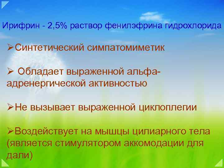 Ирифрин - 2, 5% раствор фенилэфрина гидрохлорида ØСинтетический симпатомиметик Ø Обладает выраженной альфаадренергической активностью