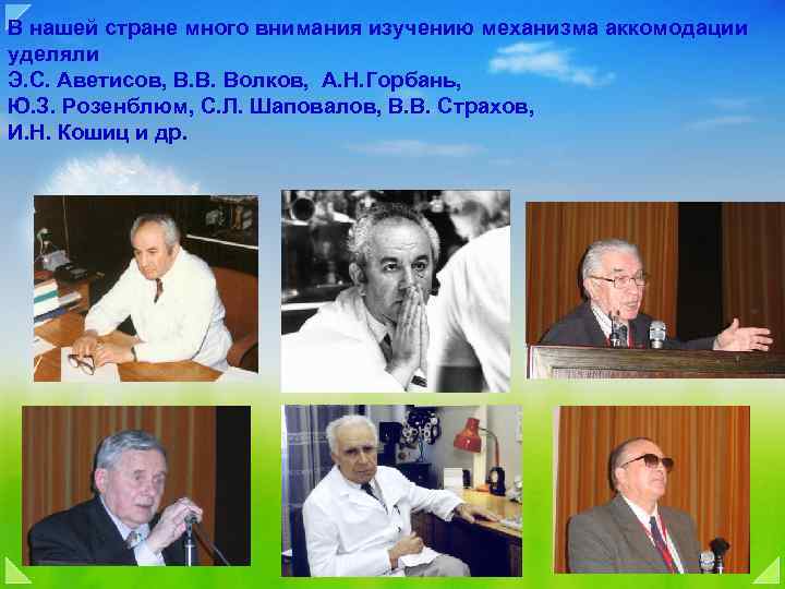В нашей стране много внимания изучению механизма аккомодации уделяли Э. С. Аветисов, В. В.