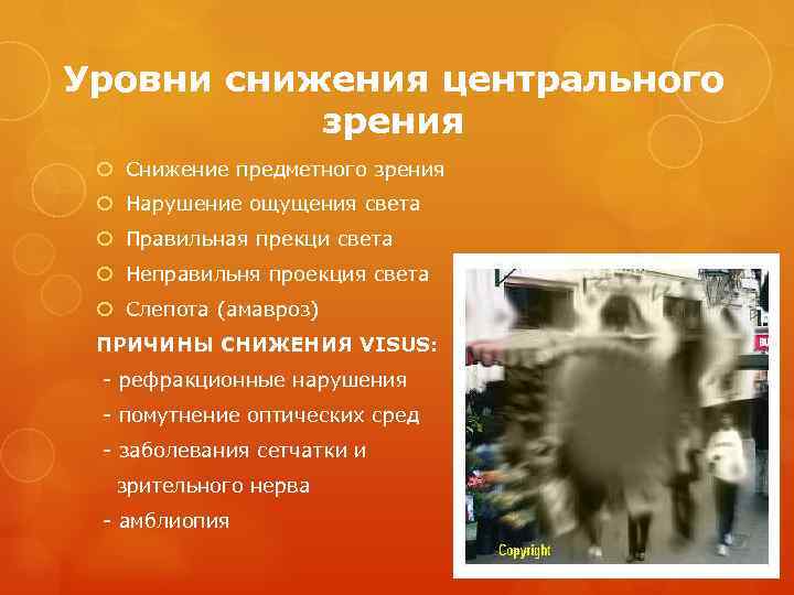 Уровни снижения центрального зрения Снижение предметного зрения Нарушение ощущения света Правильная прекци света Неправильня